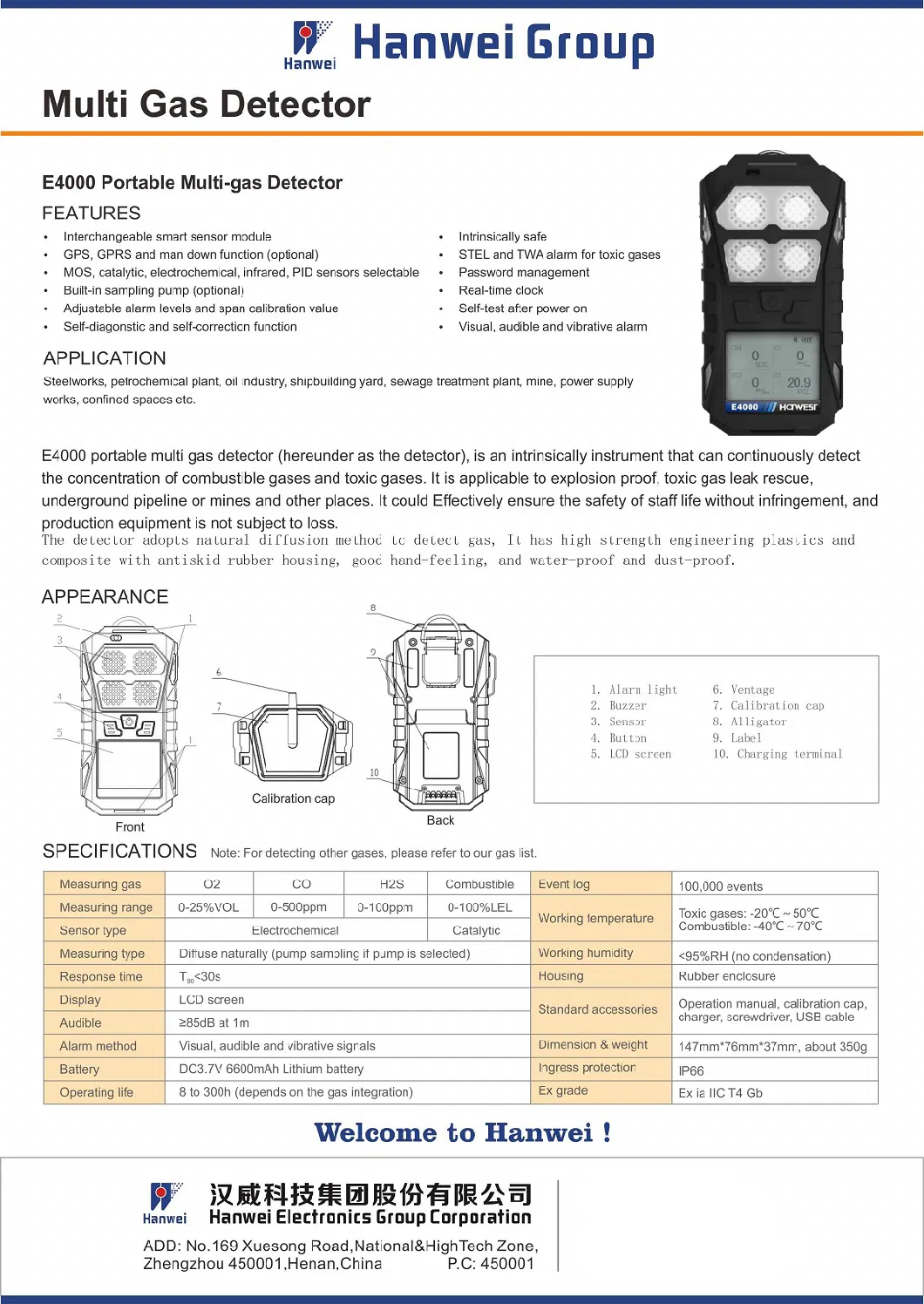 IP66 Portable Four-in-One Multi Gas Detector (E4000)
